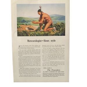 Vintage 1947 Travelers Insurance Meteorologist Sioux Style Ad Advertisement